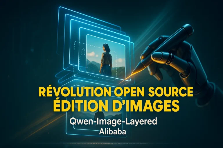 xt Éditeur visuel montrant des calques individuels avec objet, texte, arrière-plan via IA Qwen-Image-Layered d'Alibaba.