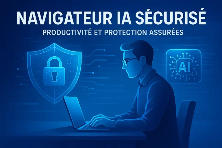 Personne travaillant sur un ordinateur avec des éléments visuels de cybersécurité et intelligence artificielle, représentant un navigateur IA sécurisé.