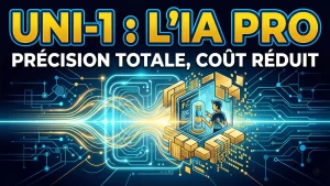 Illustration conceptuelle pour UNI-1 : L'IA PRO, un générateur d'images IA professionnel. Un utilisateur gère la création précise d'un flacon numérique au sein d'un réseau complexe de circuits lumineux bleus et dorés. L'image inclut le texte : 'UNI-1 : L'IA PRO - PRÉCISION TOTALE, COÛT RÉDUIT'.
