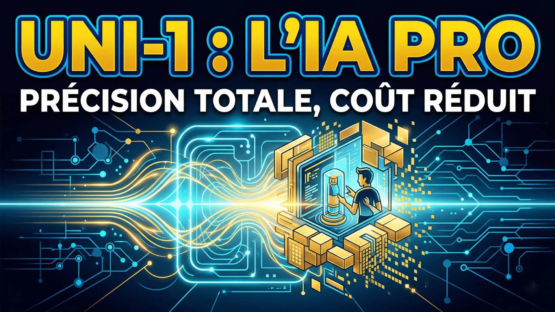 Illustration conceptuelle pour UNI-1 : L'IA PRO, un générateur d'images IA professionnel. Un utilisateur gère la création précise d'un flacon numérique au sein d'un réseau complexe de circuits lumineux bleus et dorés. L'image inclut le texte : 'UNI-1 : L'IA PRO - PRÉCISION TOTALE, COÛT RÉDUIT'.