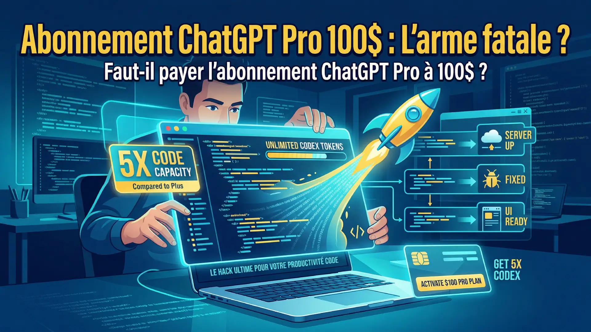 Avis abonnement ChatGPT Pro à 100$ pour développeurs. Infographie sur les avantages : capacité de code 5x supérieure par rapport à Plus, jetons Codex illimités, hack de productivité programmation AI.