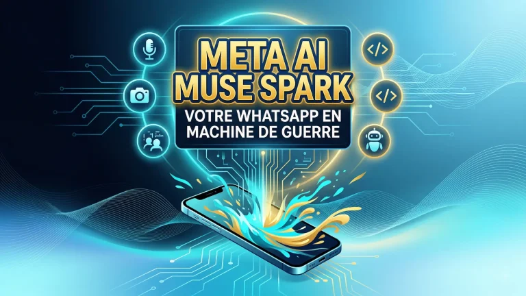 Illustration premium de Meta AI Muse Spark propulsant WhatsApp comme une machine de guerre multimodale (voix, image, code, agents) pour la productivité.