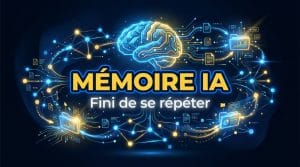 Graphique bleu et jaune sur la Mémoire Perplexity Brain avec le texte central MÉMOIRE IA - Fini de se répéter