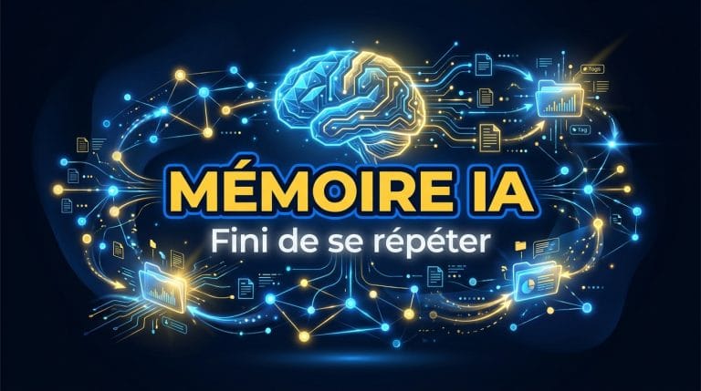 Graphique bleu et jaune sur la Mémoire Perplexity Brain avec le texte central MÉMOIRE IA - Fini de se répéter