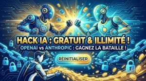 Illustration pour contourner limites ChatGPT 5.6 et Claude Fable 5 avec deux robots s'affrontant en bleu et jaune.