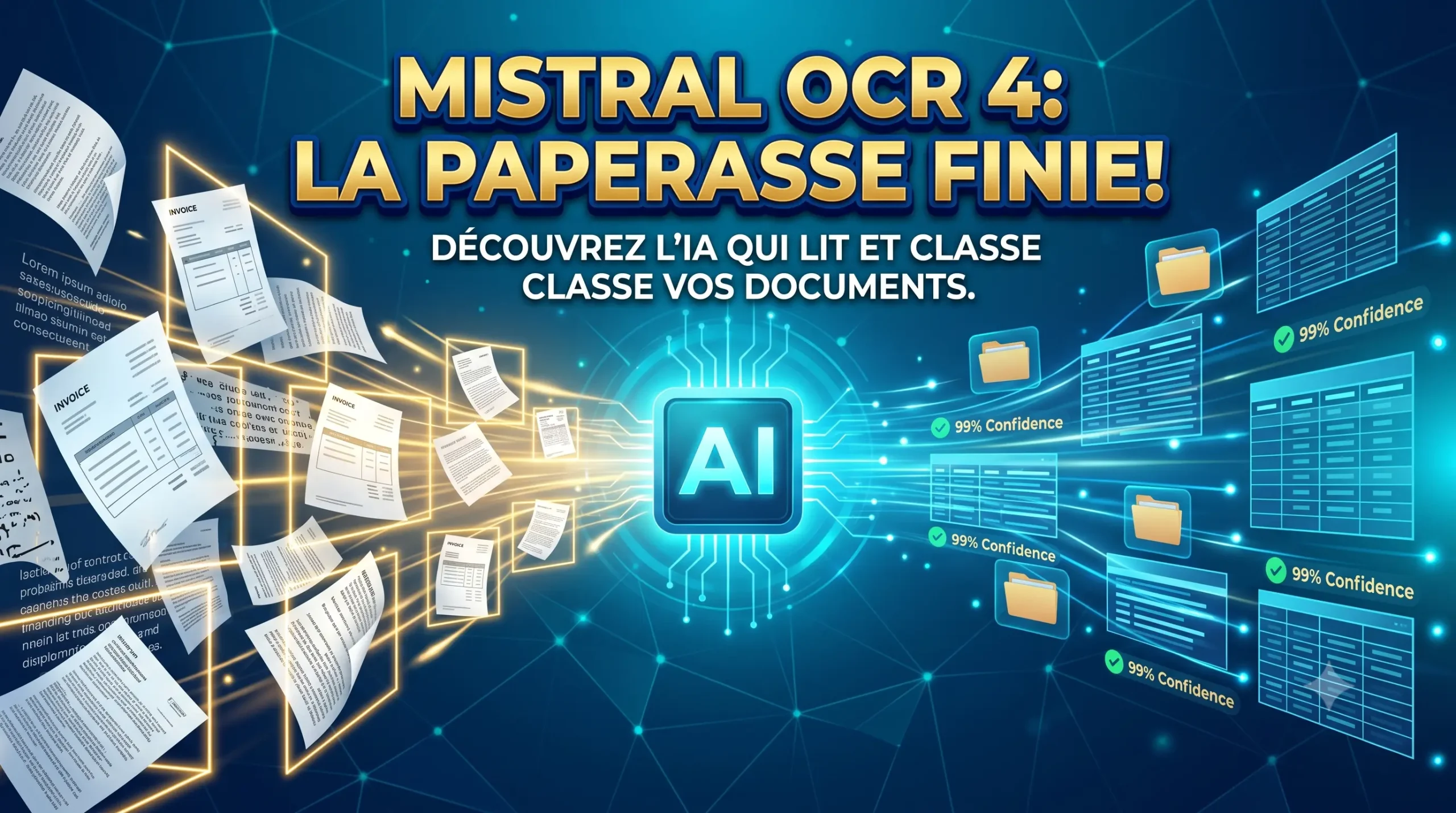Illustration de Mistral OCR 4 transformant des documents papier en données numériques structurées.
