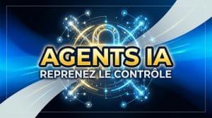 Cadenas sur un réseau bleu et or. Illustration de la gouvernance des agents IA avec le texte : AGENTS IA.