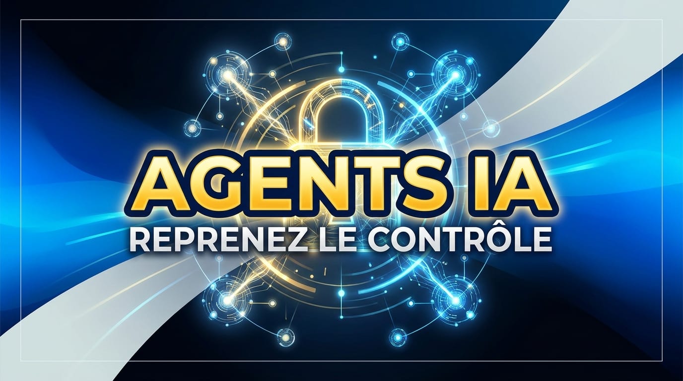 Cadenas sur un réseau bleu et or. Illustration de la gouvernance des agents IA avec le texte : AGENTS IA.