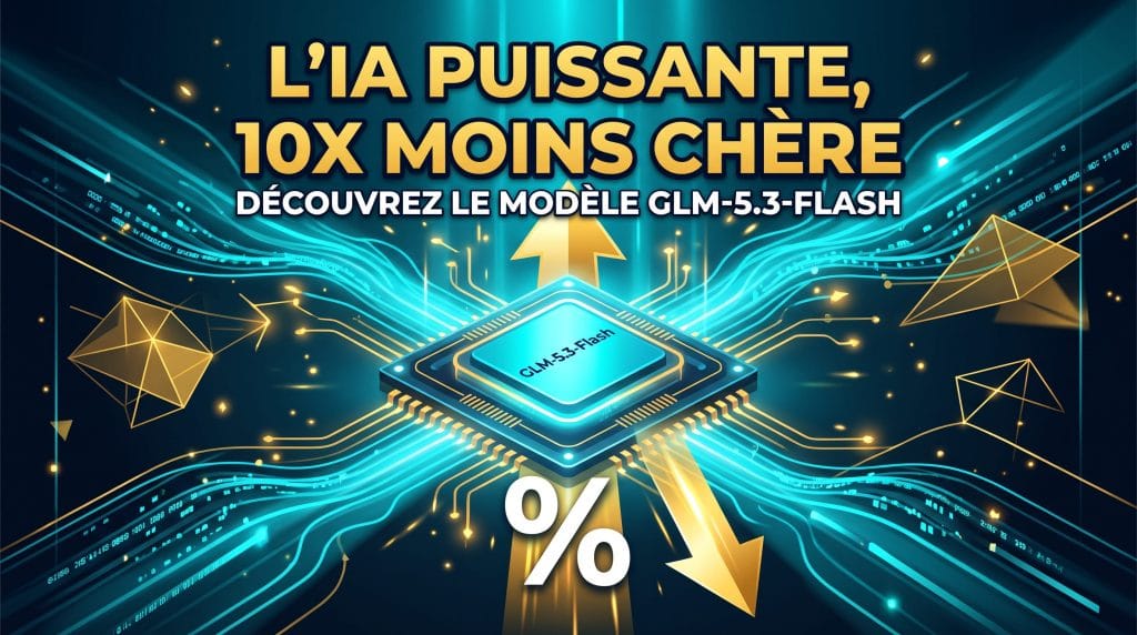 Puce GLM-5.3-Flash lumineuse avec lignes de données cyan et flèche dorée vers le bas symbolisant l'IA puissante et 10x moins chère.