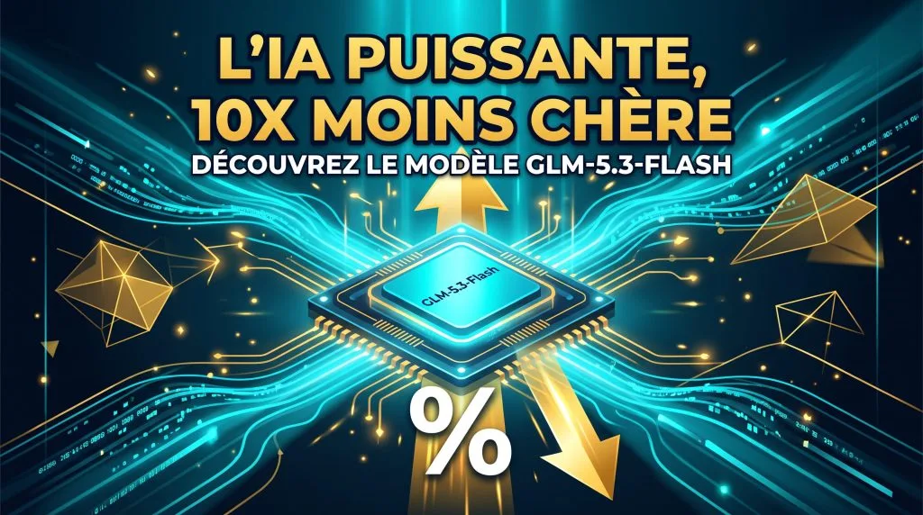 Puce GLM-5.3-Flash lumineuse avec lignes de données cyan et flèche dorée vers le bas symbolisant l'IA puissante et 10x moins chère.