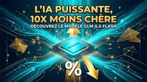 Puce GLM-5.3-Flash lumineuse avec lignes de données cyan et flèche dorée vers le bas symbolisant l'IA puissante et 10x moins chère.