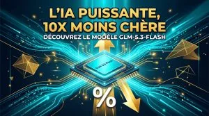 Puce GLM-5.3-Flash lumineuse avec lignes de données cyan et flèche dorée vers le bas symbolisant l'IA puissante et 10x moins chère.