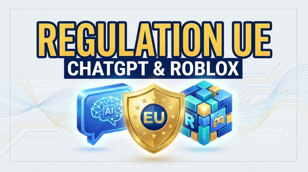 Illustration 3D d'un bouclier doré symbolisant la Réglementation UE pour ChatGPT et Roblox.