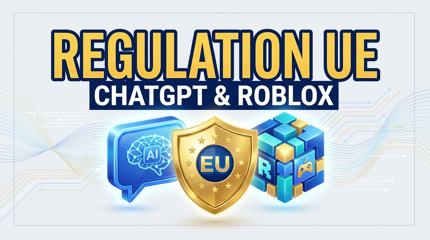 Illustration 3D d'un bouclier doré symbolisant la Réglementation UE pour ChatGPT et Roblox.