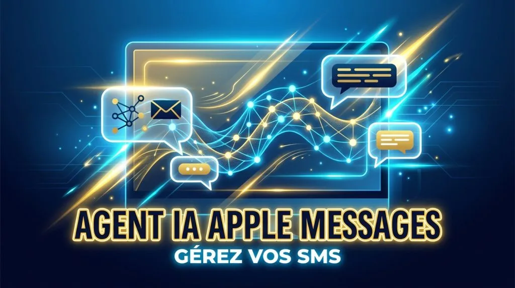 Illustration tech bleue et or d'un écran et bulles de chat pour le Plugin ChatGPT Apple Messages.