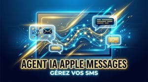 Illustration tech bleue et or d'un écran et bulles de chat pour le Plugin ChatGPT Apple Messages.