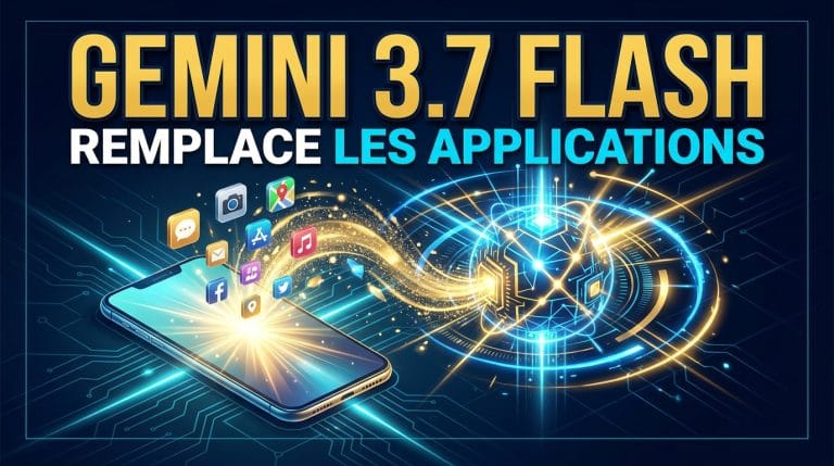 Illustration d'un smartphone où Gemini 3.7 Flash remplace les applications mobiles par un agent IA lumineux bleu et or.