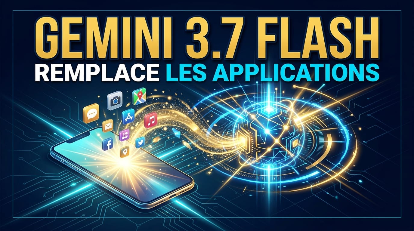 Illustration d'un smartphone où Gemini 3.7 Flash remplace les applications mobiles par un agent IA lumineux bleu et or.