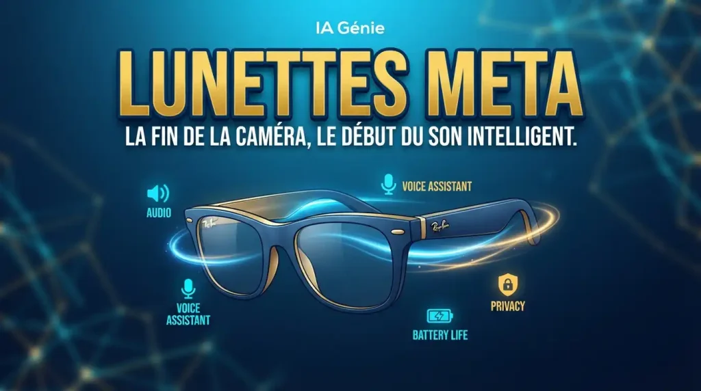 Illustration des lunettes connectées Meta Ray-Ban sans caméra sur fond bleu technologique.